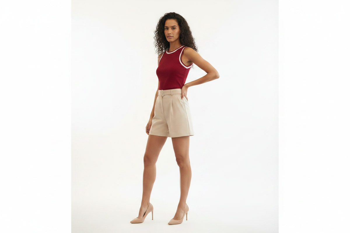 Débardeur côtelé rouge bordure blanche Jainnara Rodrigues vue 3/4 côté mannequin fond blanc taille 36/38