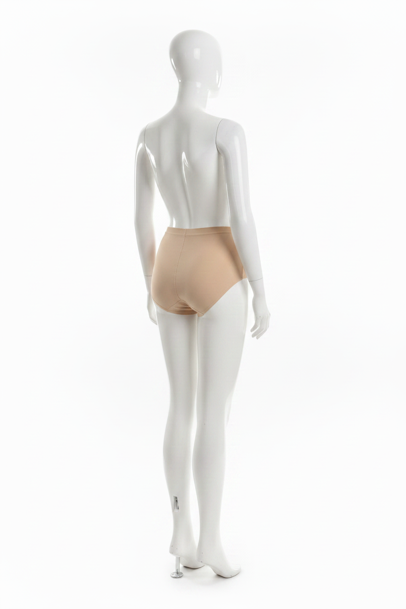Culotte gainante brésilienne Divas beige nude vue 3/4 dos mannequin plastique fond blanc