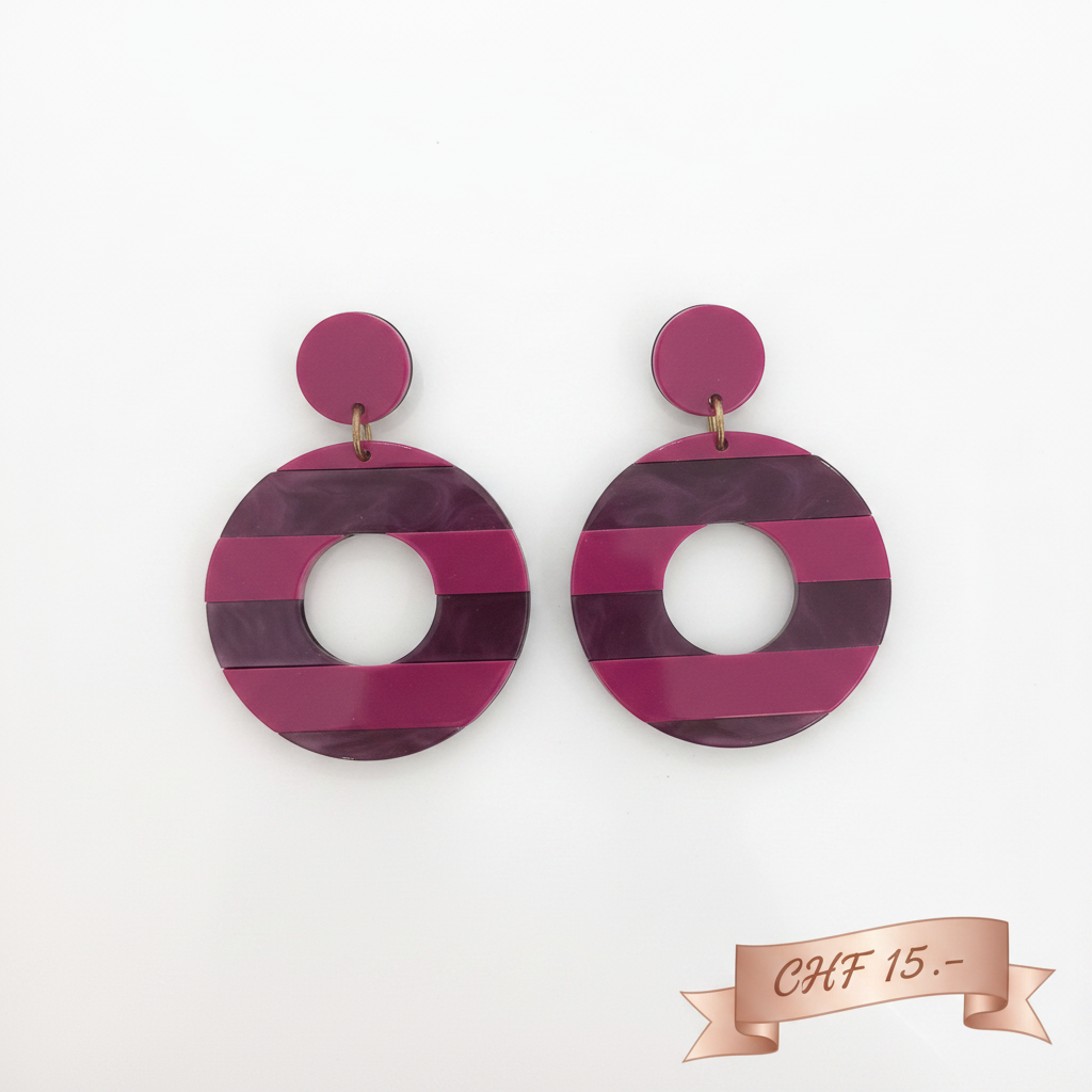 Boucles d'oreilles cercles rayés violet et fuchsia