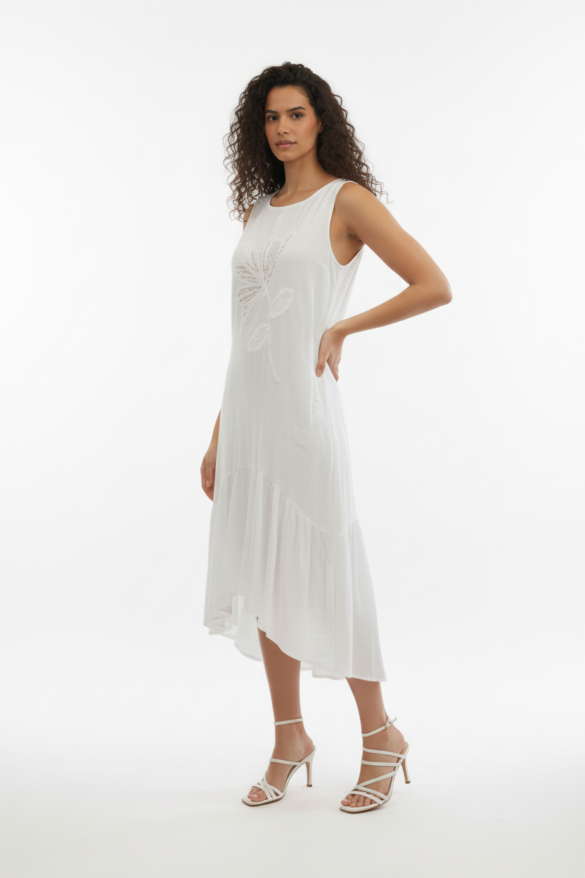 Robe Puro Lino - Lin Italien Brodé Papillon - Taille L - Made in Italy - Pièce unique