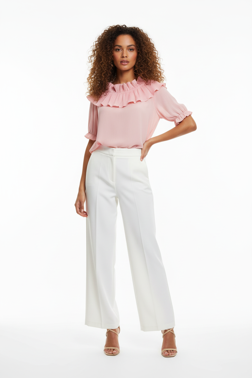 Top rose col volant plissé – Italy Moda – Taille 36-40 - Made in Italy - Pièce unique
