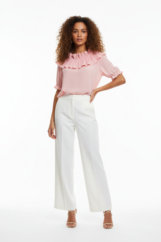 Top rose col volant plissé – Italy Moda – Taille 36-40 - Made in Italy - Pièce unique