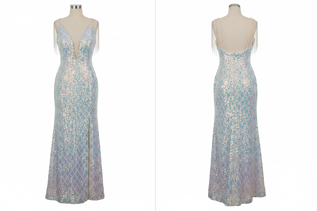 Robe Longue Sequins Irisés Blanc Turquoise Franges Perles - Taille 36-38