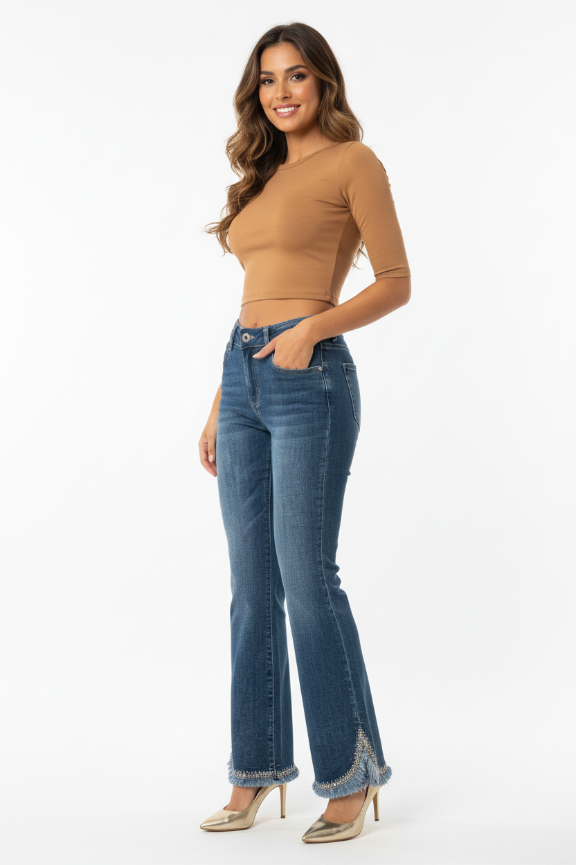 Jean Bootcut Bleu Délavé Ourlet Strass Argentés - Water Jean - Taille M - Made in Italy - Pièce unique