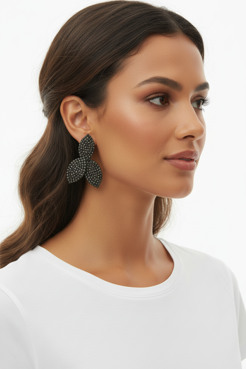 Boucles d'oreilles Double Feuille Strass Anthracite