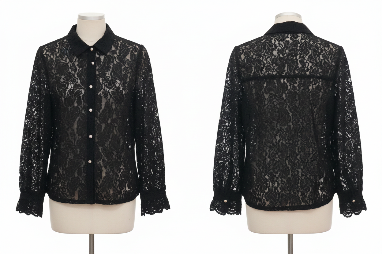 Chemisier Dentelle Noire - Golden Live - Col Chemise & Boutons Perle - Taille L - Made in Italy - Pièce unique