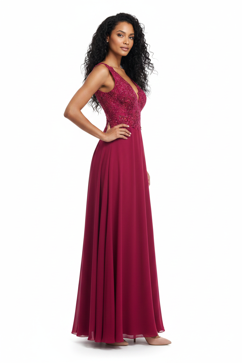Robe Longue Framboise Dentelle Sequins Queen Bridal - Taille L