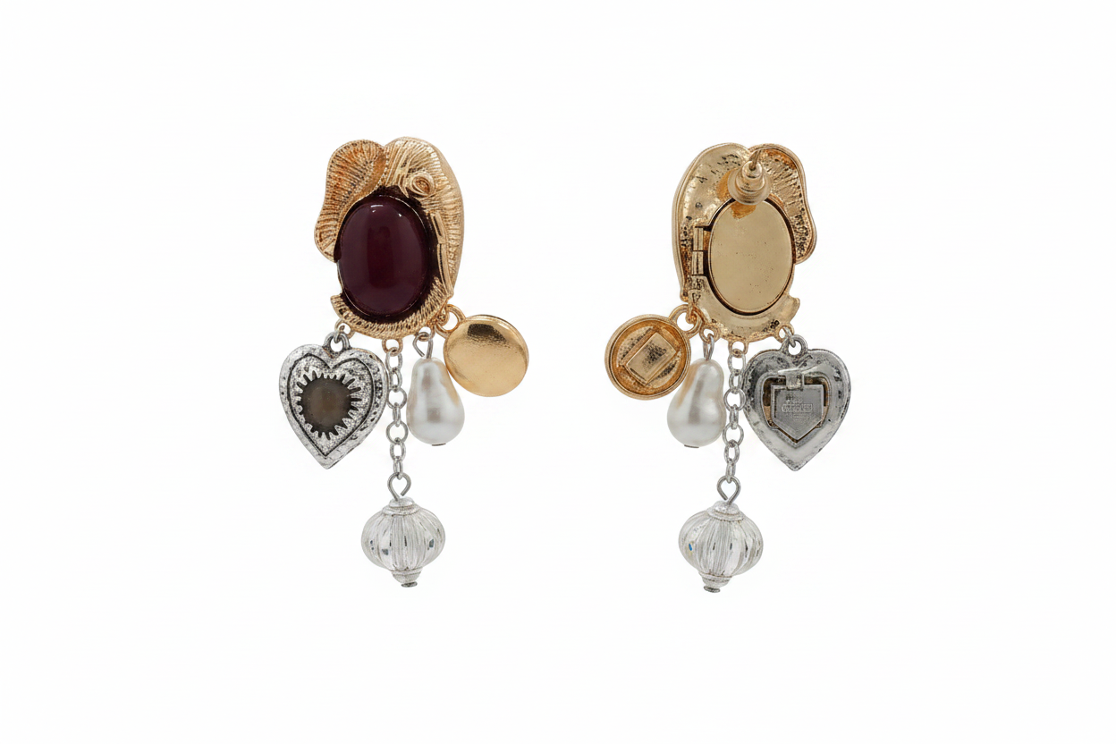 Boucles d'Oreilles Pendantes Bordeaux & Doré