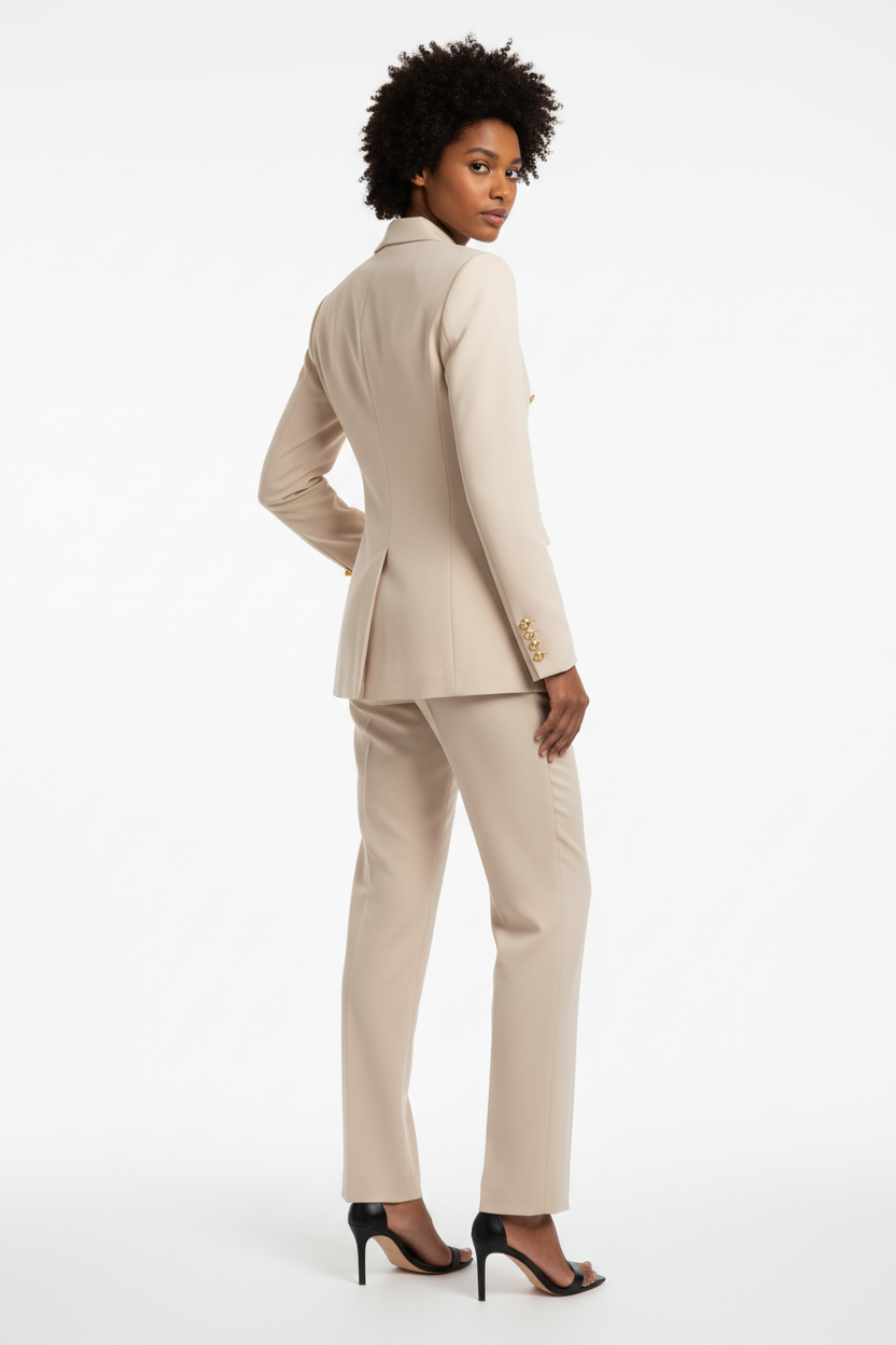 Tailleur Beige - New Collection - Blazer Double Boutonnage & Pantalon Droit - Taille S - Made in Italy - Pièce Unique