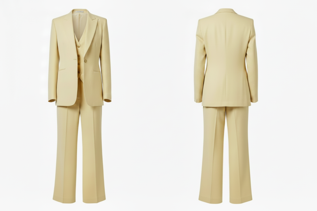 Ensemble 3 pièces crème blazer gilet pantalon large ghost mannequin vue face et dos fond blanc fausses poches