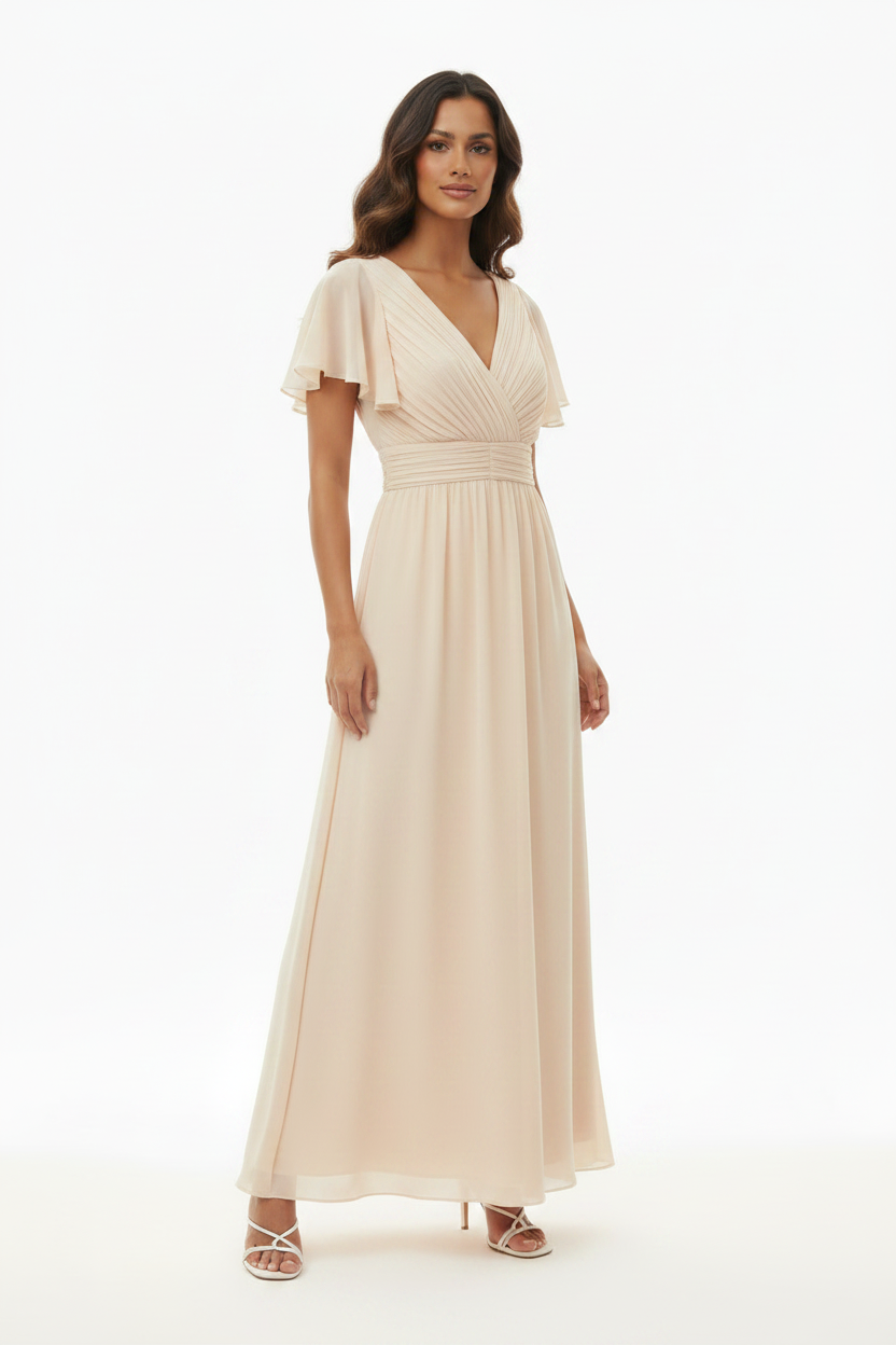 Robe maxi soirée col V plissé volants ivoire Play Pronto Moda - Taille F - 40