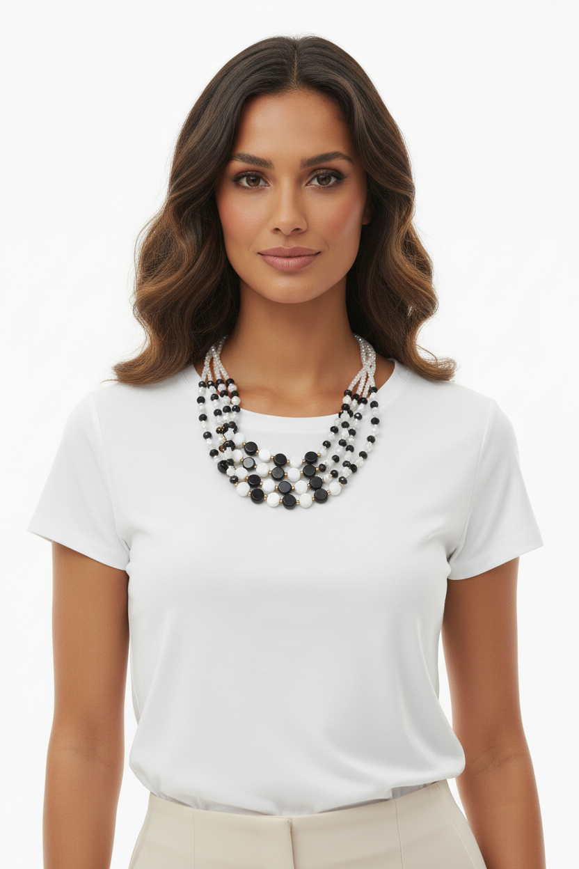 Collier multi-rangs perles noir et blanc