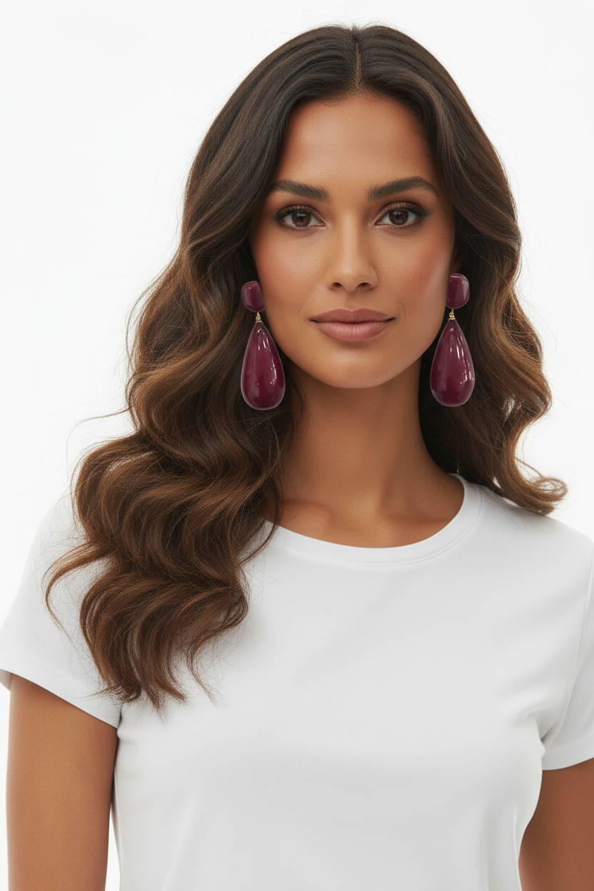 Boucles d'oreilles pendantes gouttes bordeaux glossy