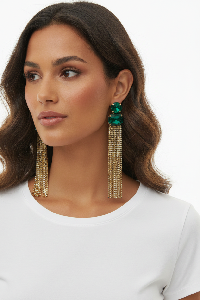 Boucles d'oreilles longues cristaux émeraude & franges dorées