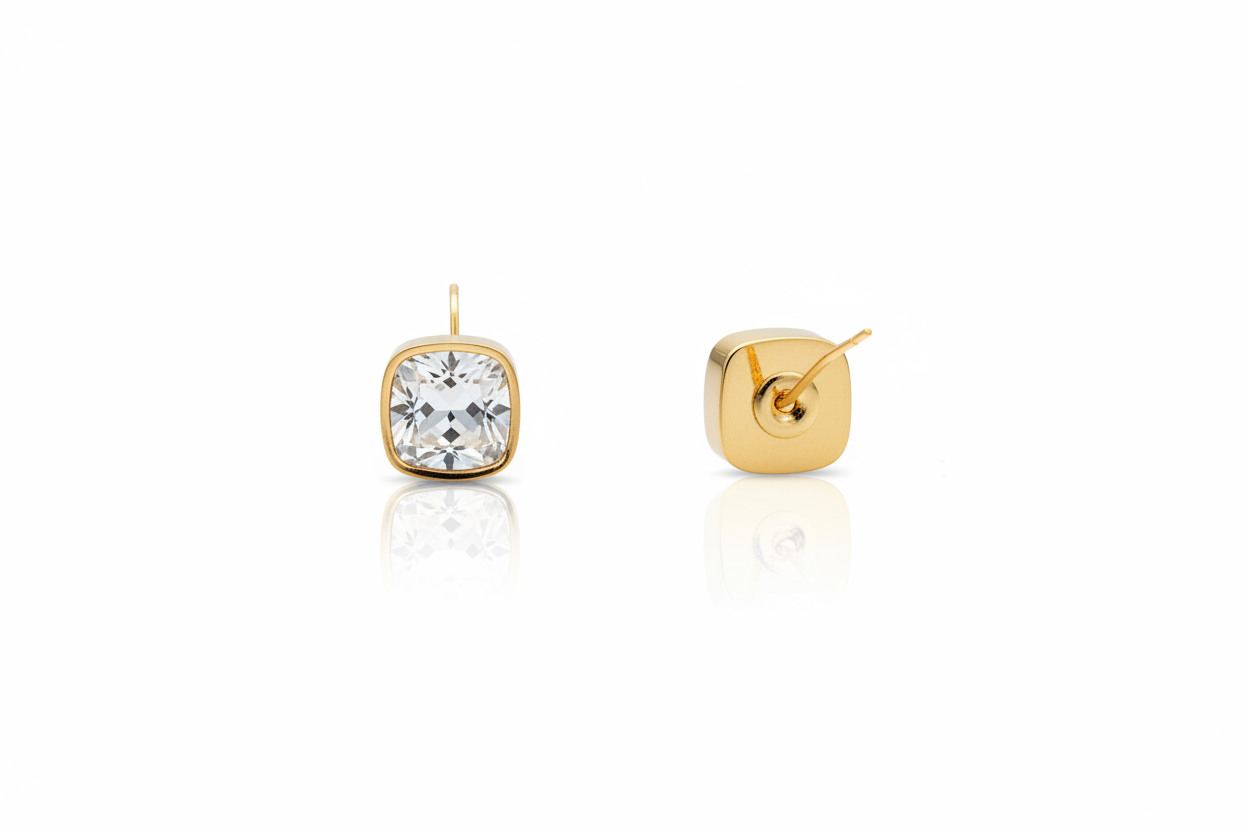 Boucles d'oreilles puces carrées cristal transparent serti doré