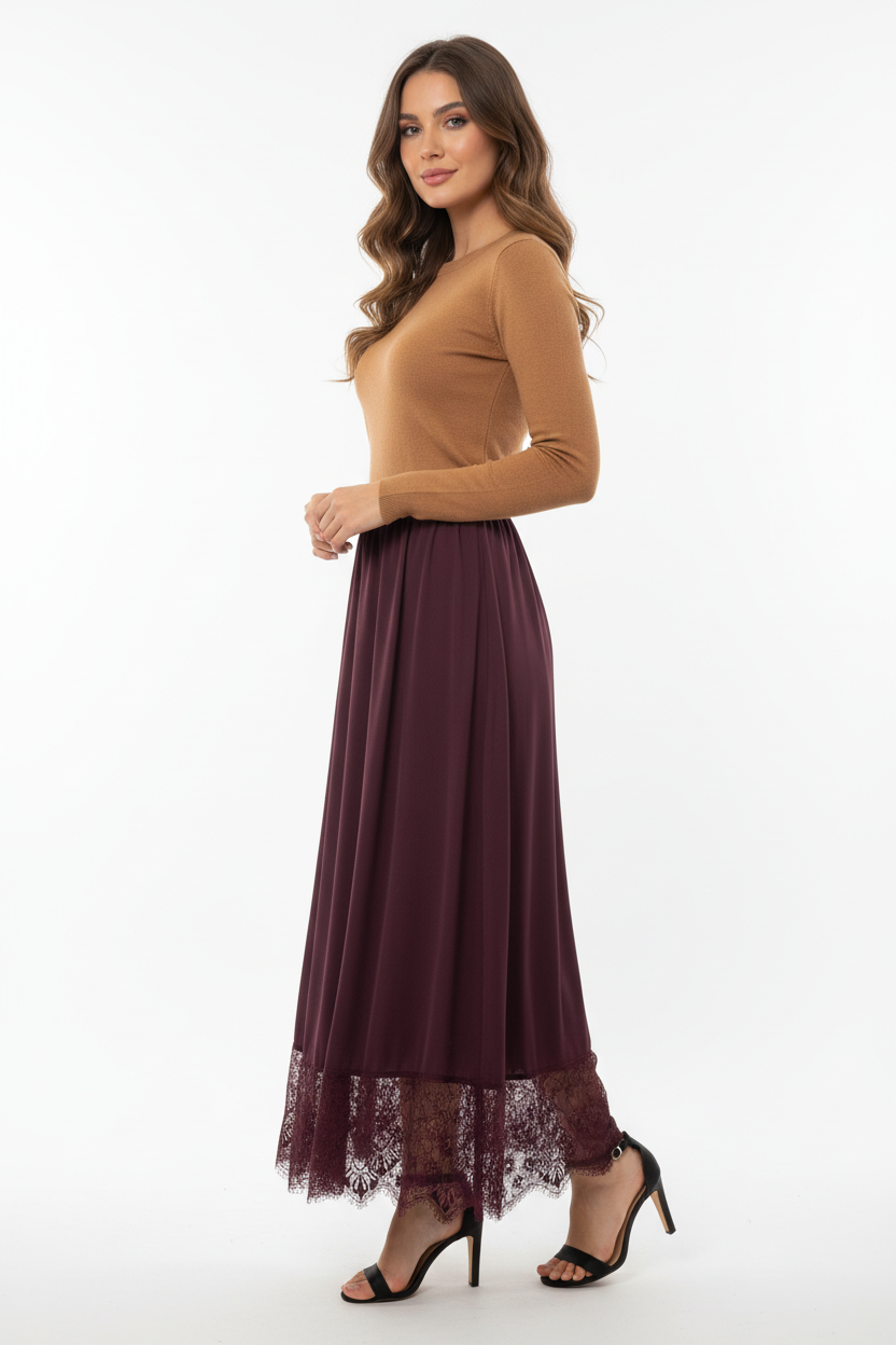 Jupe Longue Bordeaux Dentelle – Intuition - Made in Paris - Pièce unique