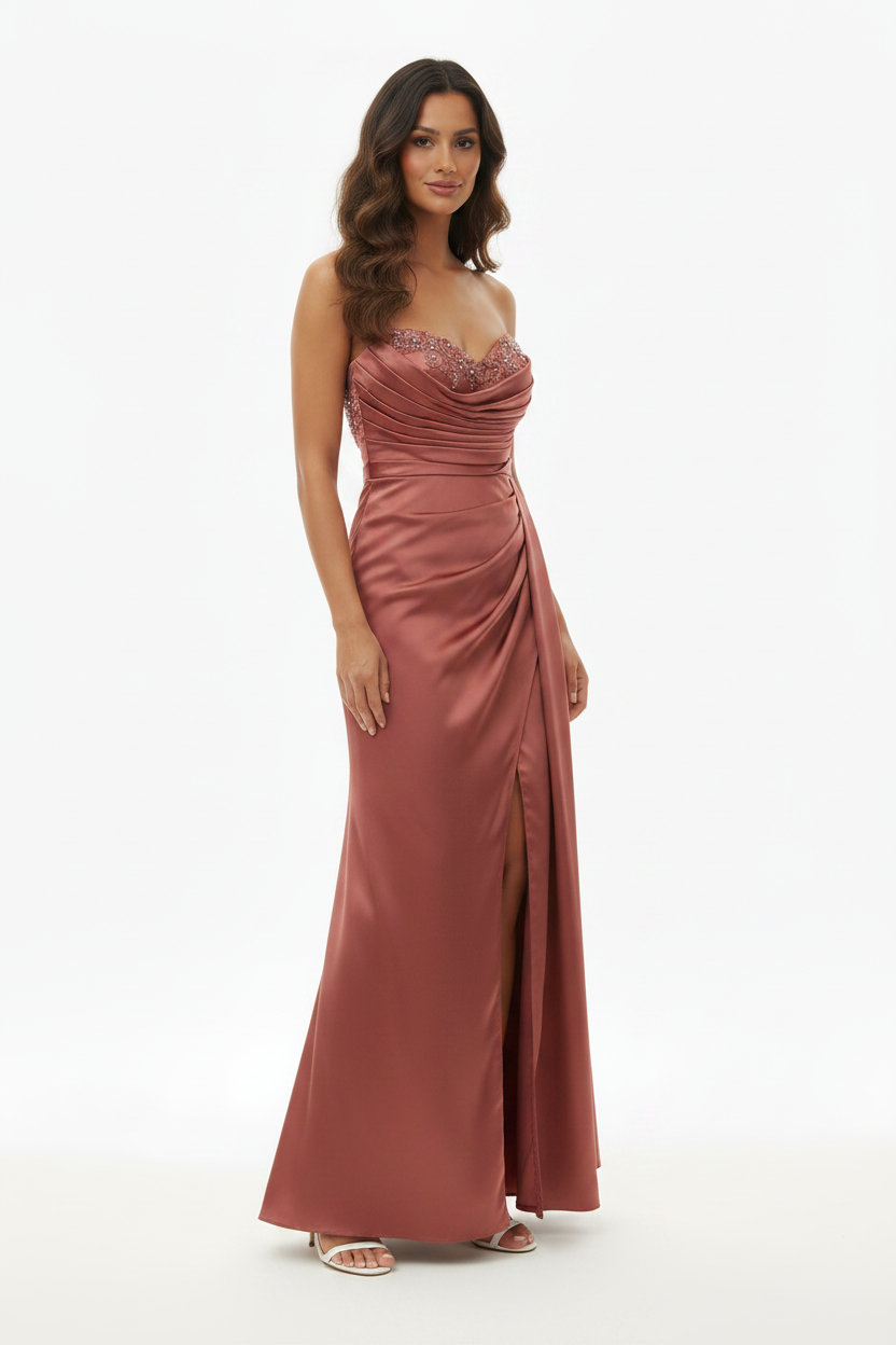 Robe longue de soirée bustier brodée Sagozza vieux rose - Taille 40