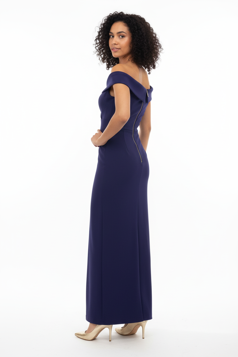 Robe Longue Bleu Marine Bardot Zip Doré - MIROS MILANO - Taille 36-38 - Made in Italy - Pièce unique