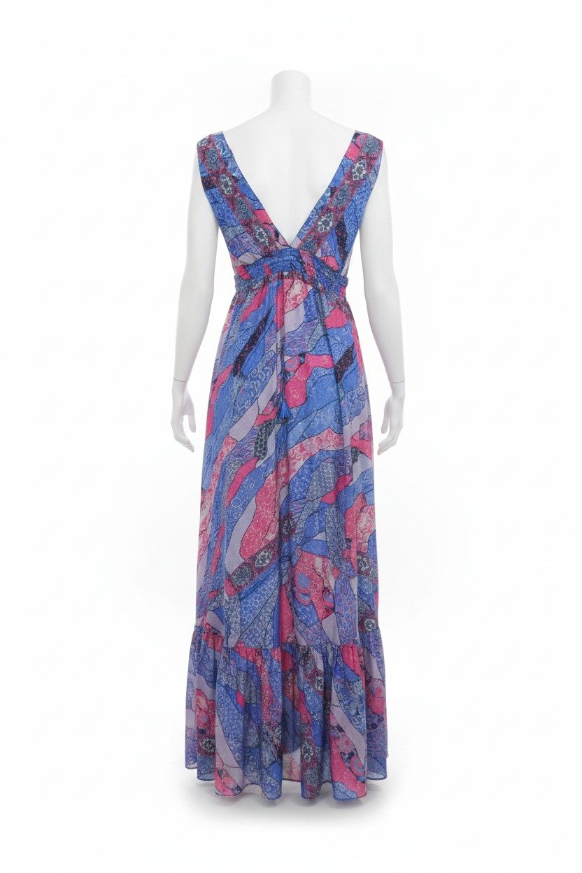 Robe Longue Patchwork Bohème Bleue Rose - Taille Unique