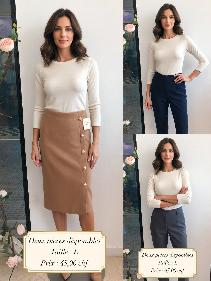45,00 chf - Taille L - Jupe Chic en Tricot Beige avec Boutons Dorés, 2 pièces disponibles !