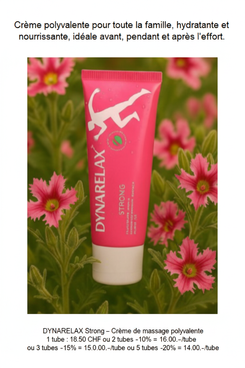 Crème de massage polyvalente DYNARELAX Strong avec tarifs dégressifs – tube rose sur fond de fleurs roses, vue face