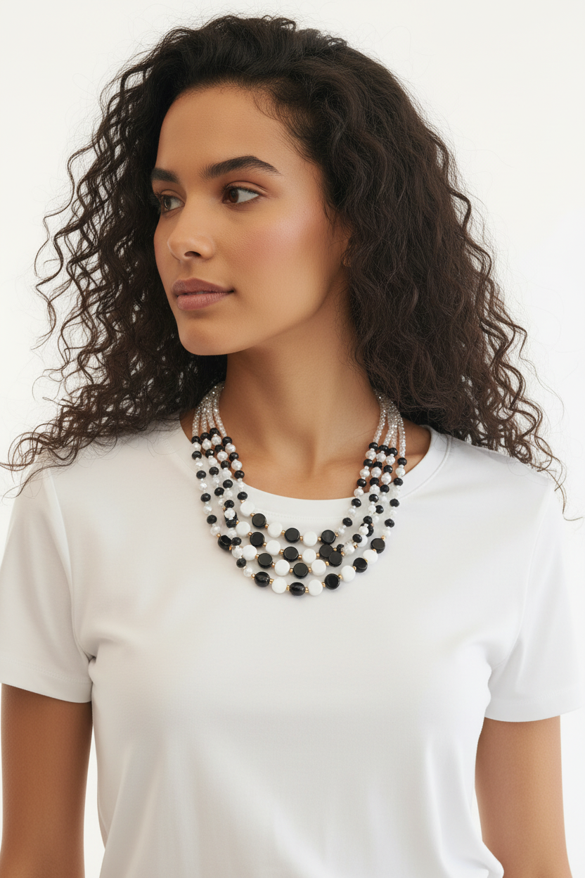 Collier multi-rangs perles noir et blanc