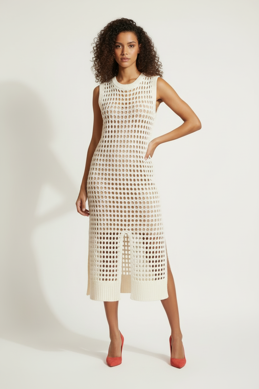 Robe Cover-Up - Crochet Ajouré - Blanc Maglificio - Taille 36-38 - Made in Italy - Pièce unique