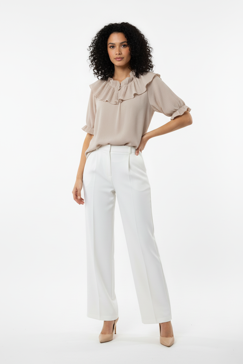 Top Col Volant Plissé Beige – Italy Moda – Taille 36-40 - Made in Italy - Pièce unique