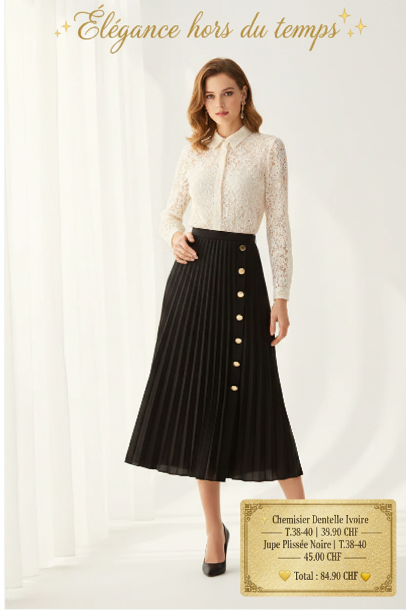 Look Élégance hors du temps – Chemisier dentelle ivoire et jupe plissée noire Made in Italy