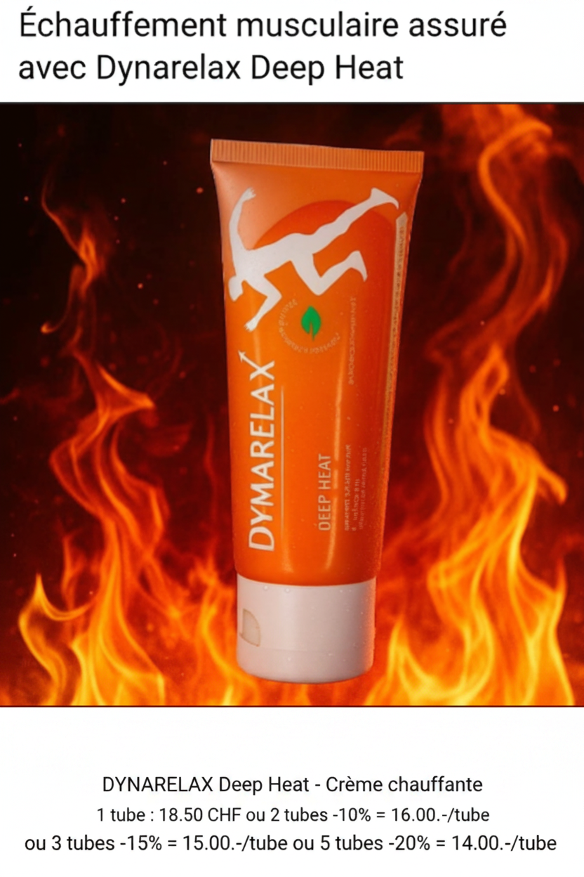Crème chauffante DYNARELAX Deep Heat avec tarifs dégressifs – tube orange sur fond de flammes, vue face