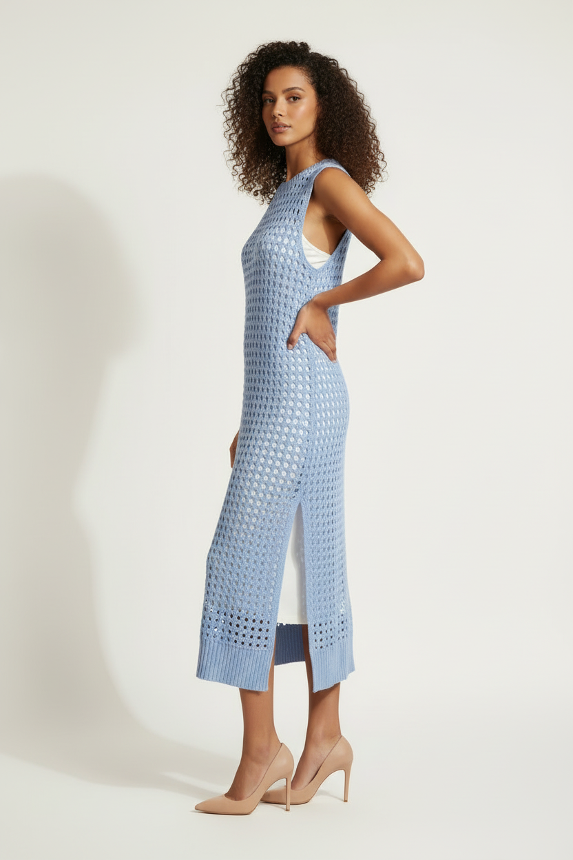 Robe Cover-Up - Crochet Ajouré Bleu Ciel - O&S Moda Europa - Taille 36-38 - Made in Italy - Pièce unique