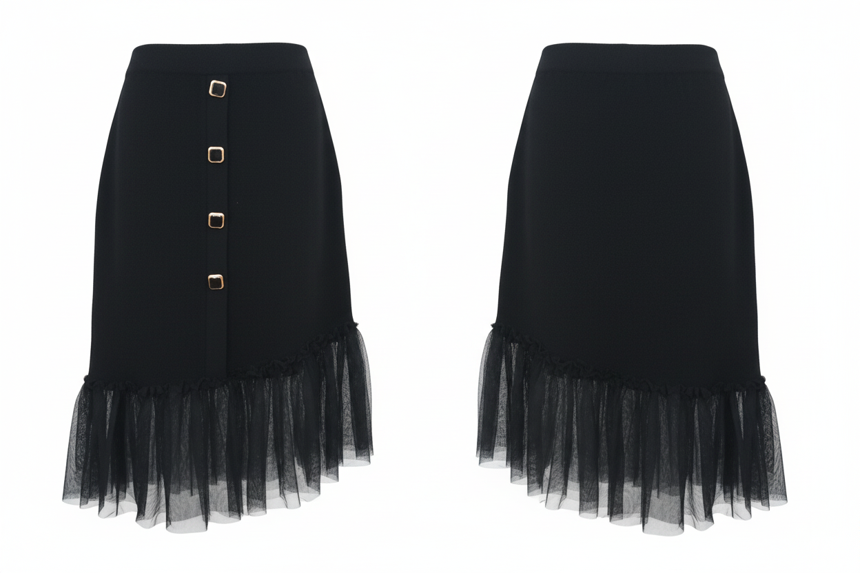 Jupe noire tricot tulle 4 boutons carrés - Taille 38-40- Made in Italy- Pièce unique