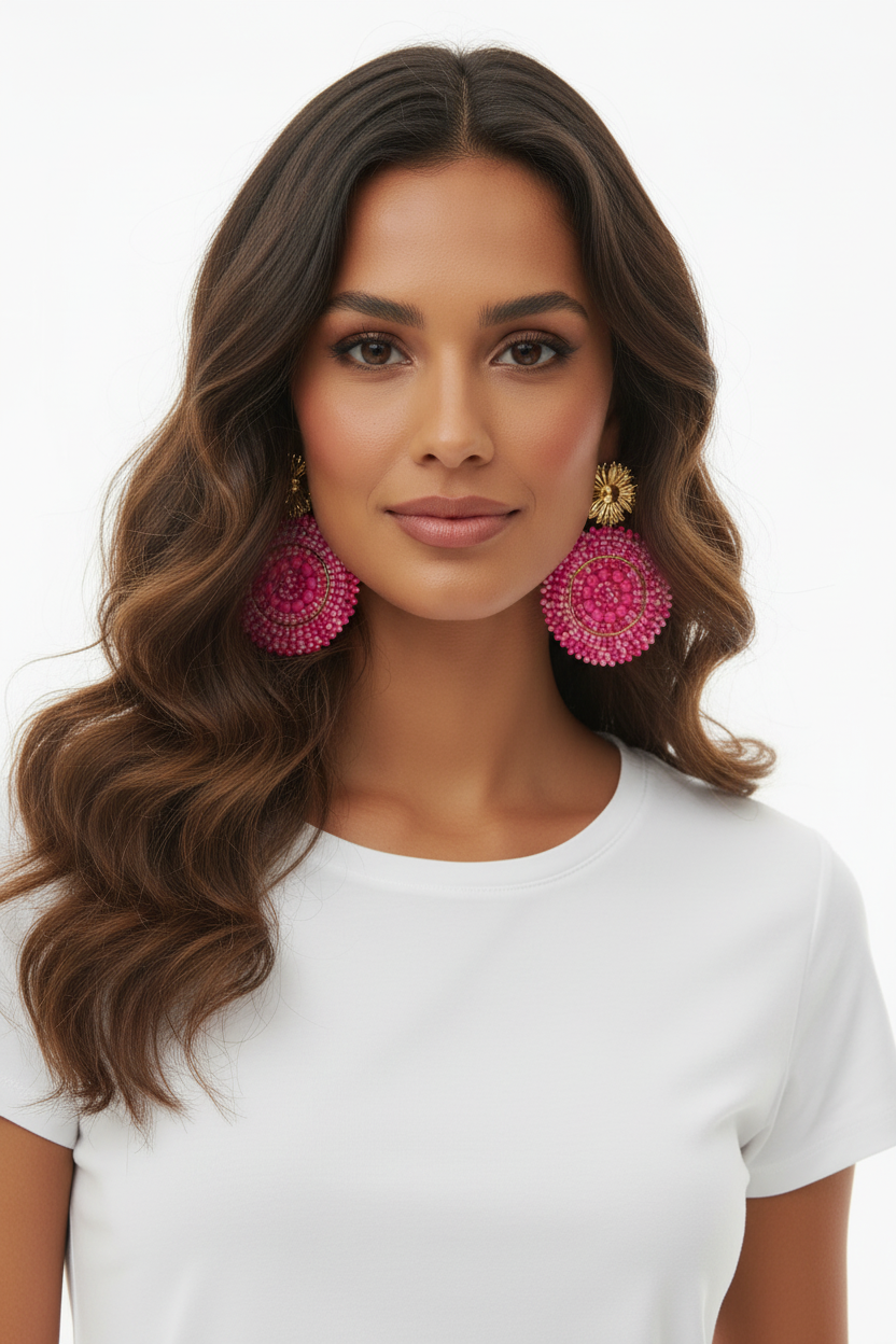 Boucles d'oreilles perles roses — Cercle fleuri doré