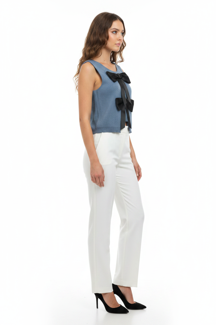 Top sans manches maille bleue nœuds satin noir Made in Italy - Taille 36-40