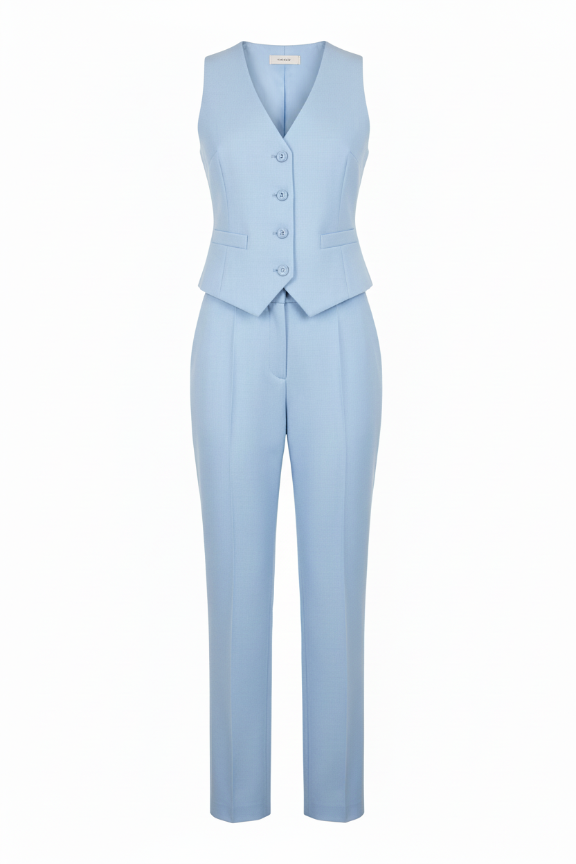 Ensemble gilet & pantalon bleu ciel - Melitea - XL ! - Made in Italy - Pièce unique