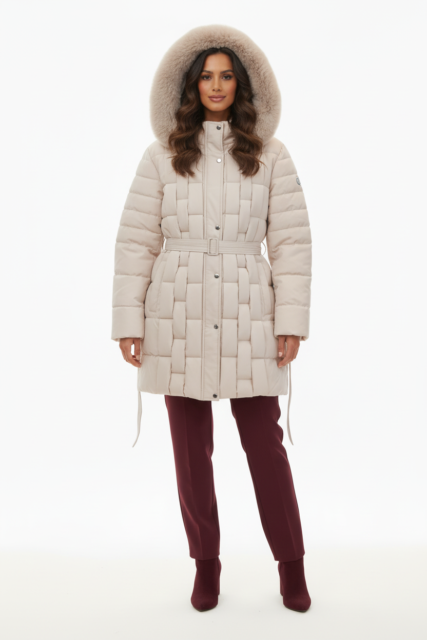 Manteau matelassé - Mélie Rose - Col fourrure & ceinture - Taille 2 XL/46 - Made in Italy - Pièce unique