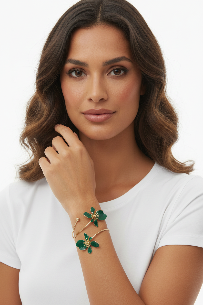 Bracelet Doré Fleurs Vertes