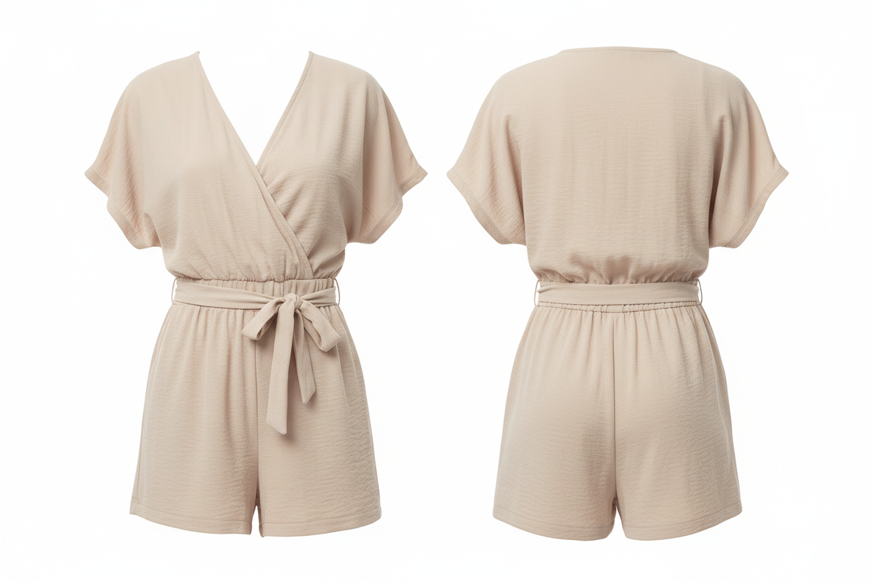 Combi-Short Taupe col V croisé manches chauve-souris beige pâle - Taille 2 - 38-40