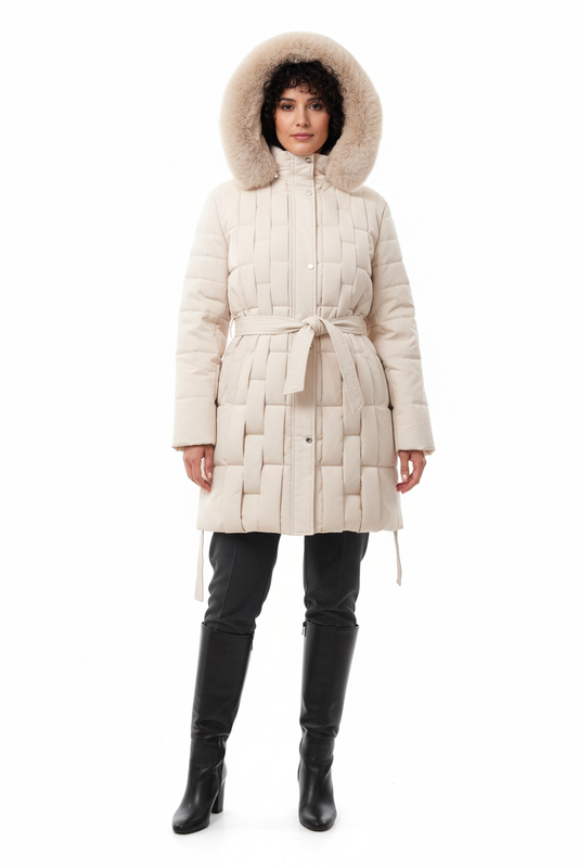 Manteau matelassé - Mélie Rose - Col fourrure & ceinture - Taille 3XL/48 - Made in Italy - Pièce unique