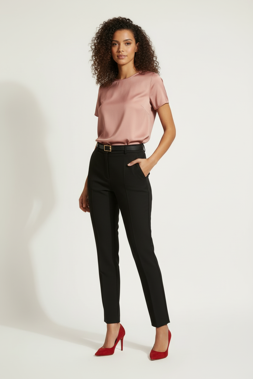 Pantalon Noir Taille Haute - Ceinture - Forget-me-not - Taille S - Made in Italy - Pièce unique