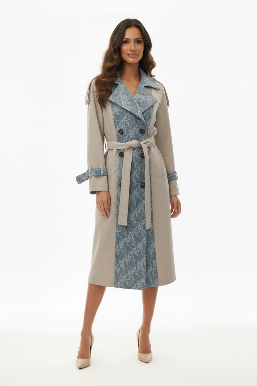 Trench Long Beige Dentelle Bleue - LAVYSH - Taille S/M - Made inItaly - Pièce unique