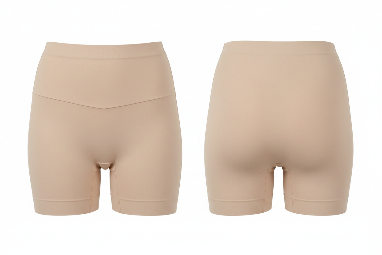 Culotte gainante brésilienne Divas beige nude ghost mannequin face et dos côte à côte fond blanc