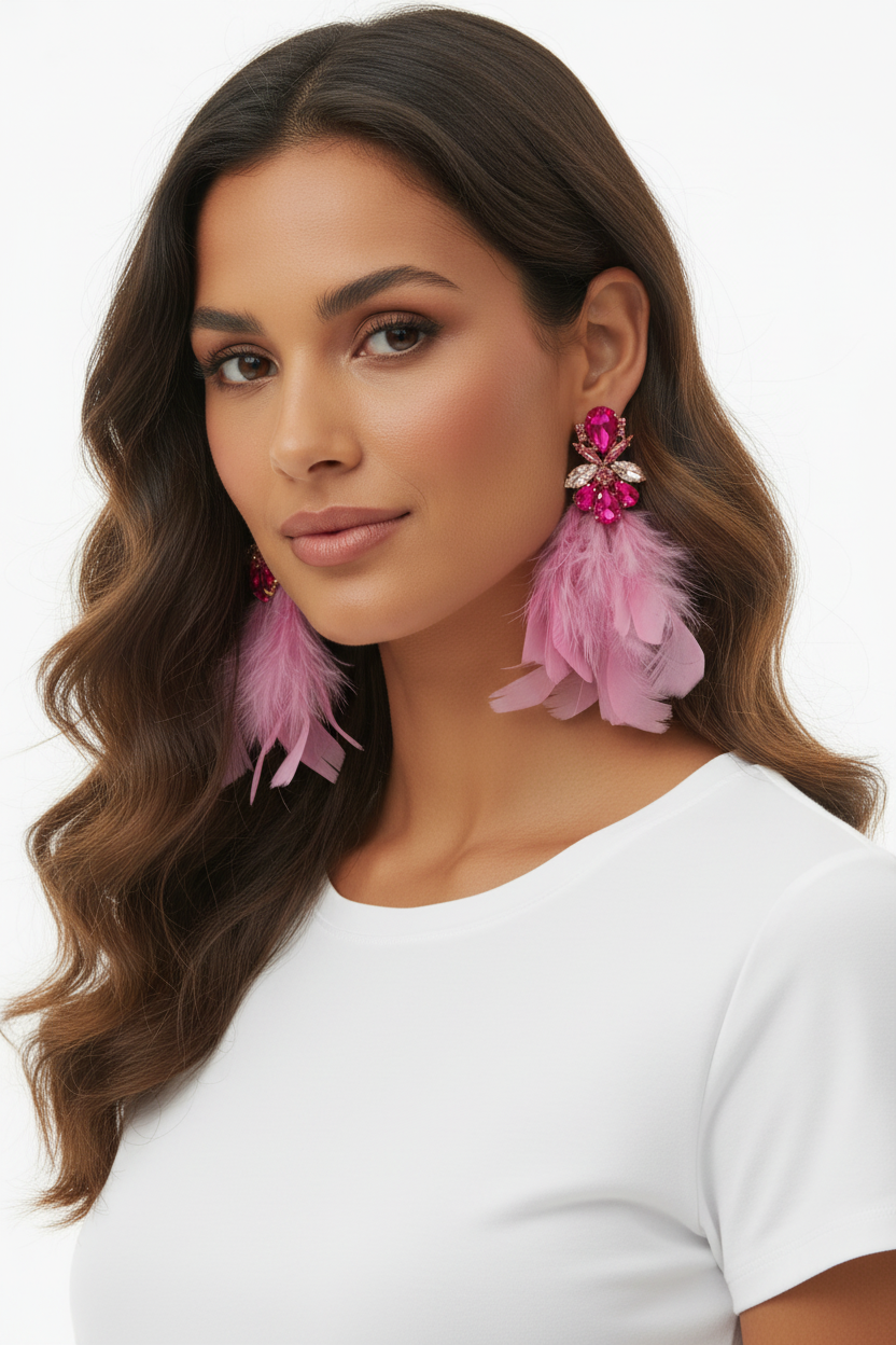 Boucles d'oreilles Plumes Roses & Strass Fuchsia