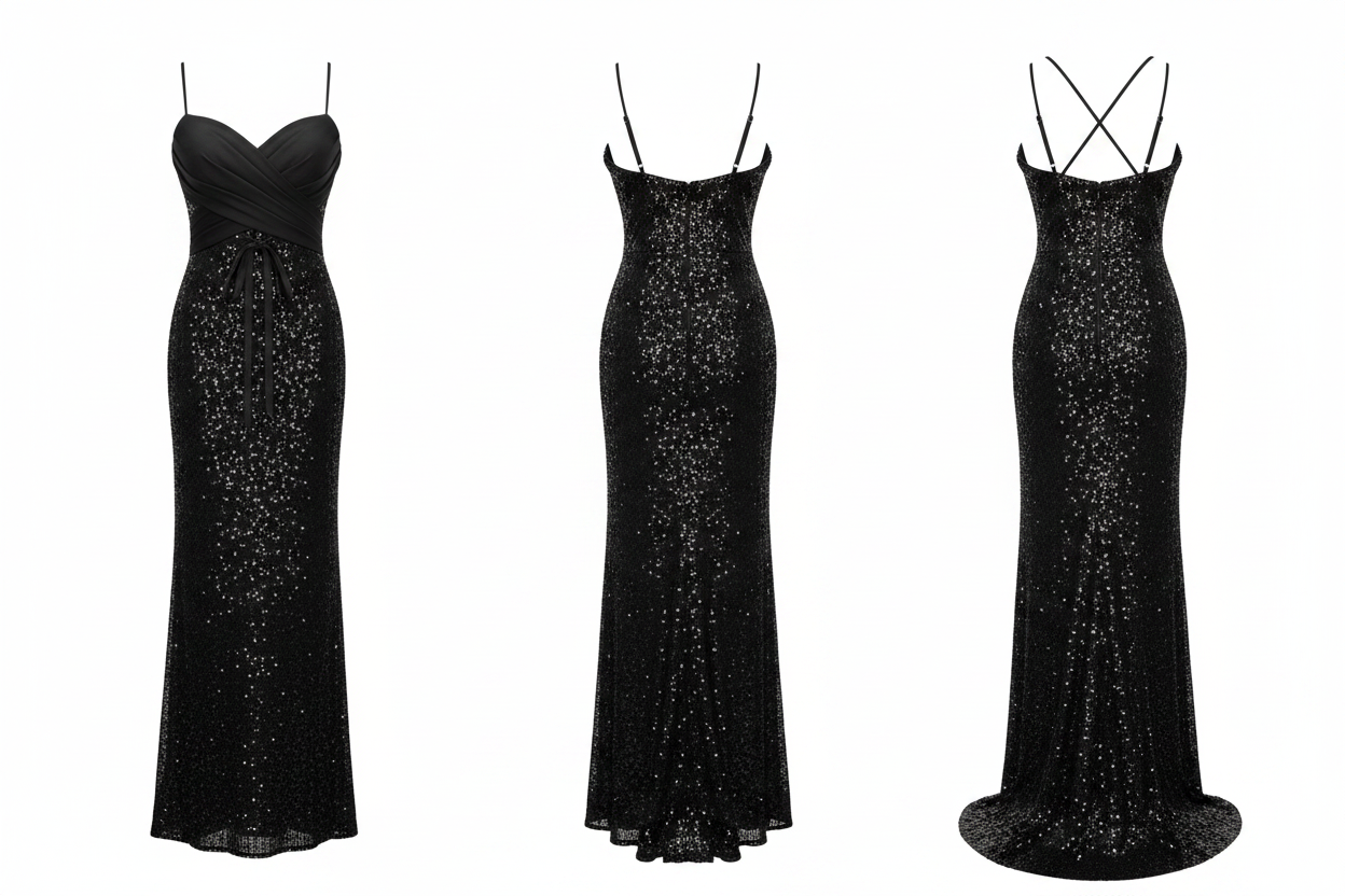 Robe Longue Noire Sequins Col Cœur Izzy - Taille 36-38