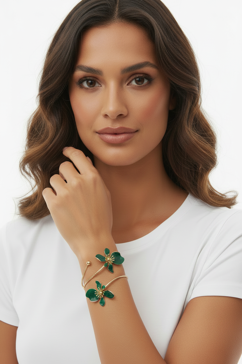 Bracelet Doré Fleurs Vertes