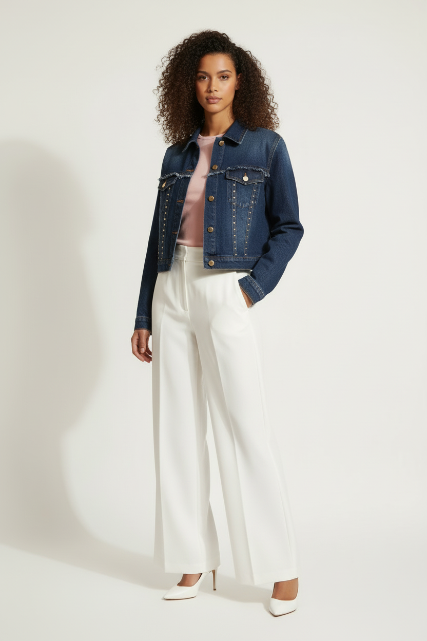 Veste en jean studs & effilochée - Angelica 2000 - Taille L - Made in Italy - Pièce unique