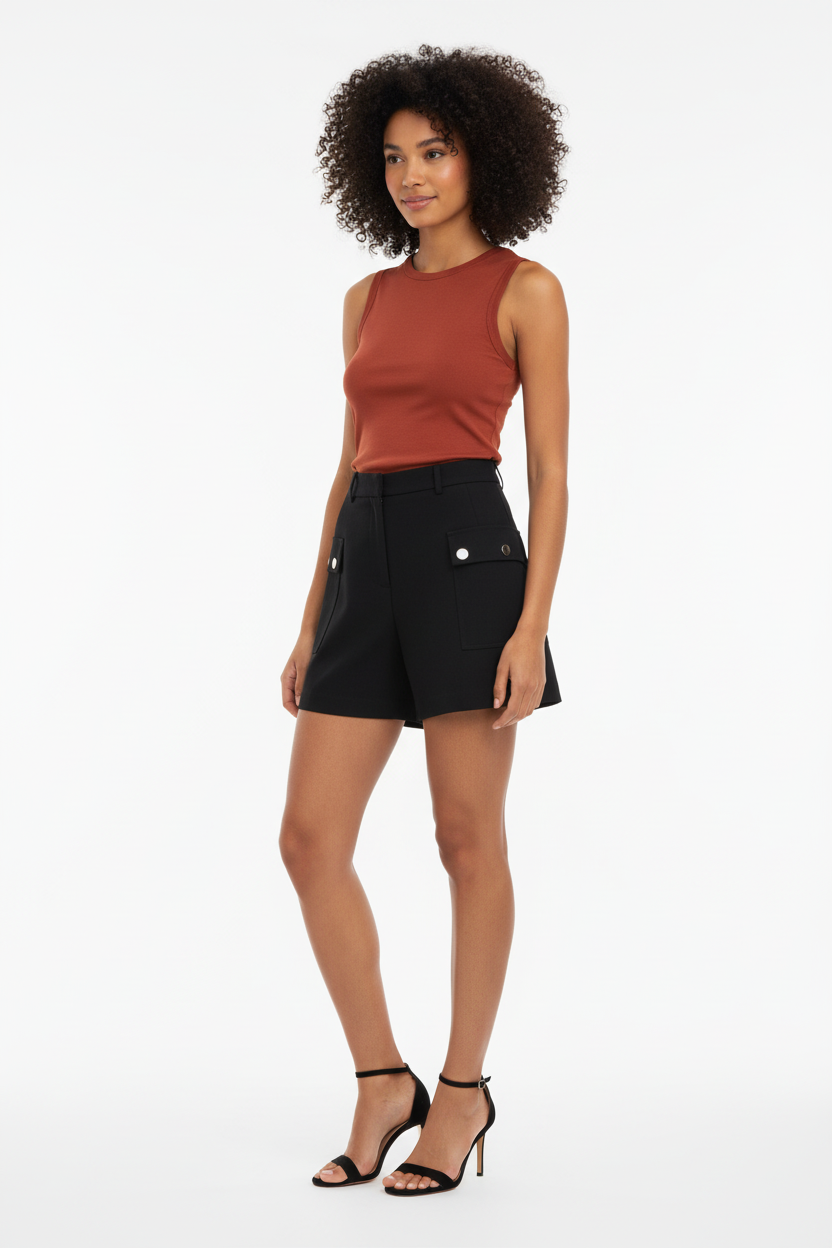 Short cargo noir taille haute poches pression - Follow-Your - Taille S - Made in Italy - Pièce unique