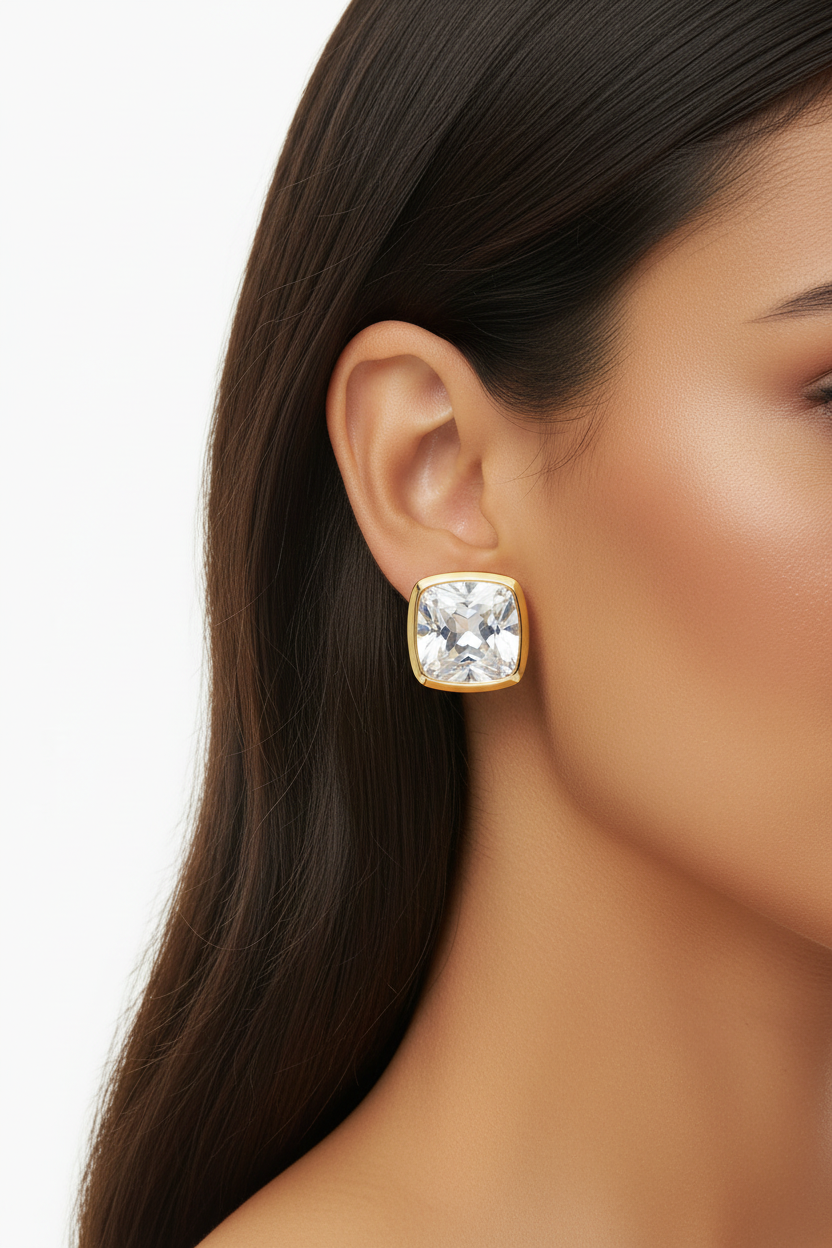 Boucles d'oreilles puces carrées cristal transparent serti doré