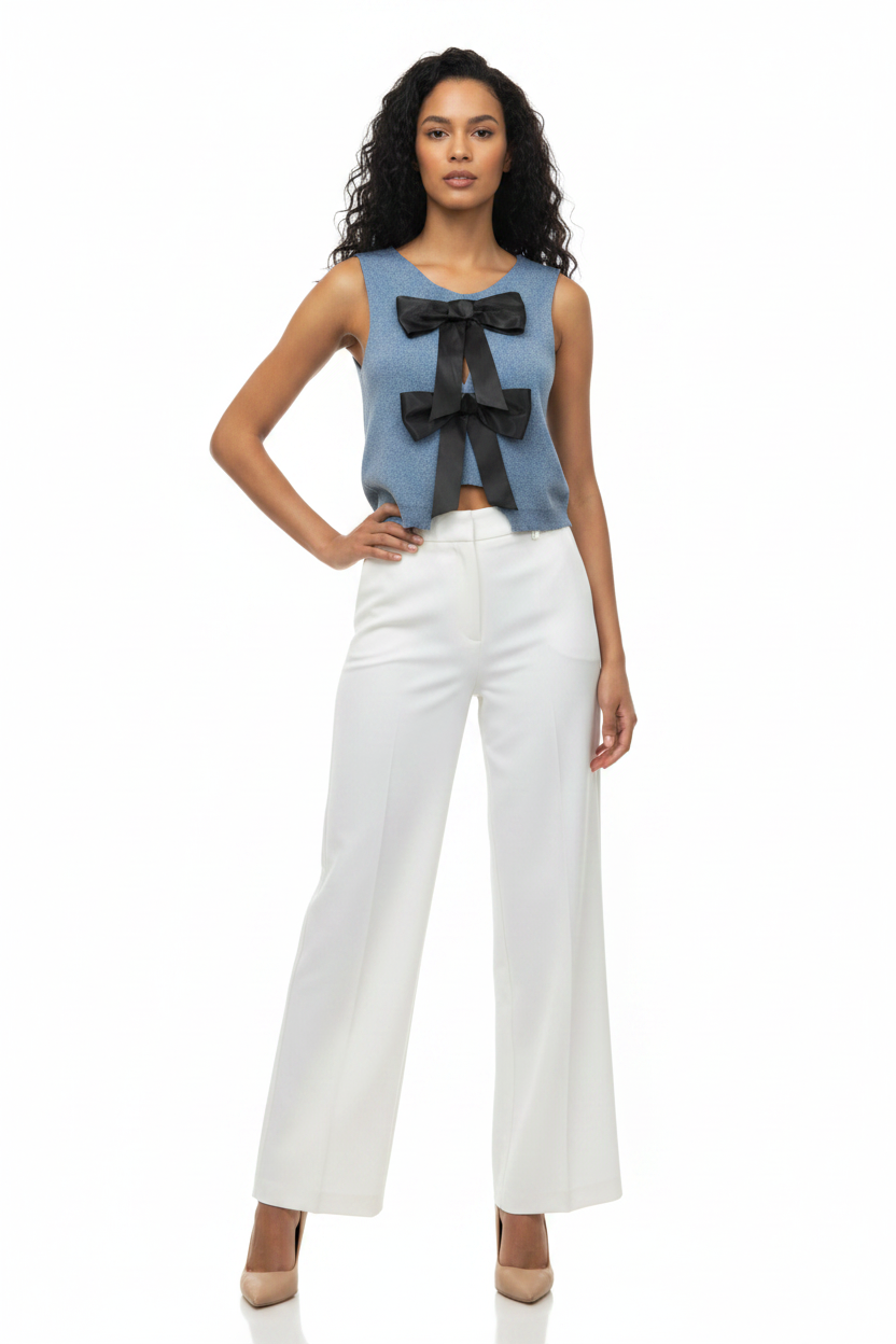 Top sans manches maille bleue nœuds satin noir Made in Italy - Taille 36-40