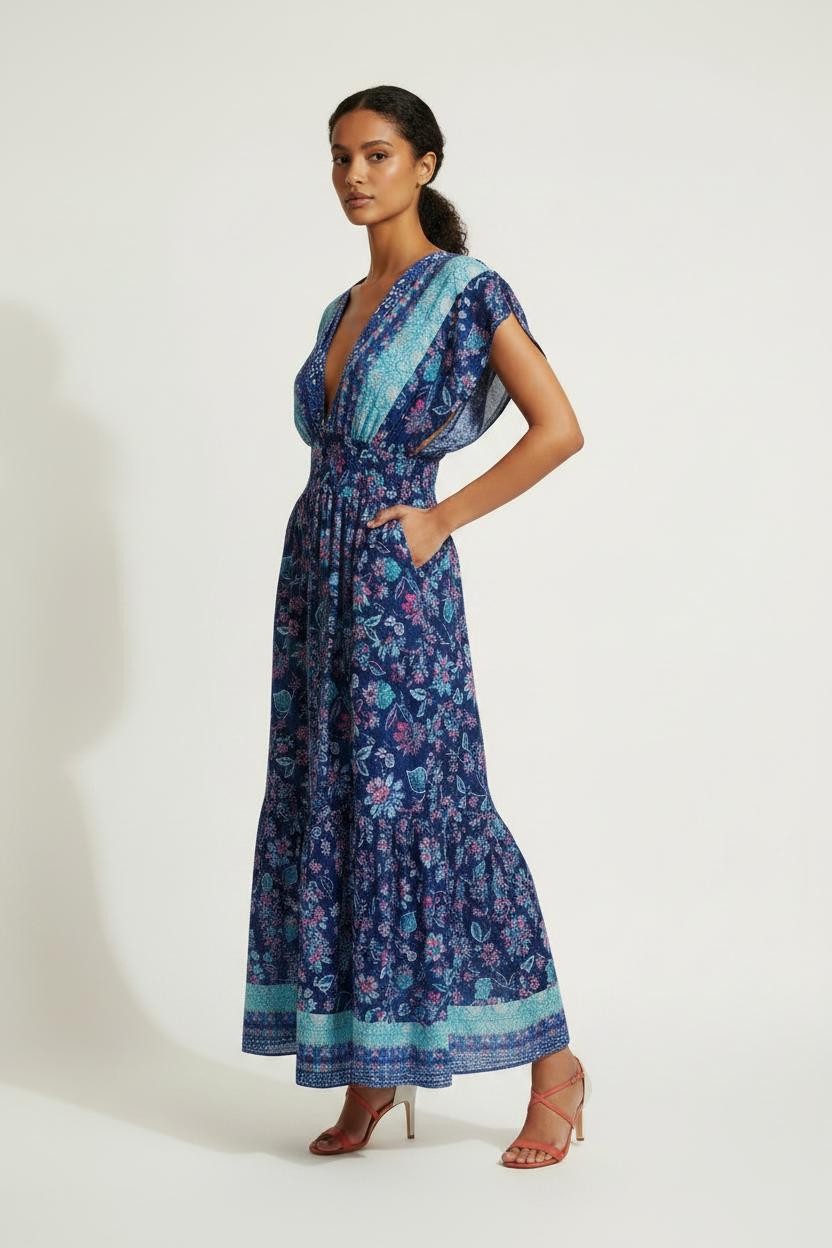 Robe Maxi Bohème Bleue Patchwork Floral Dos Nu - Taille Unique